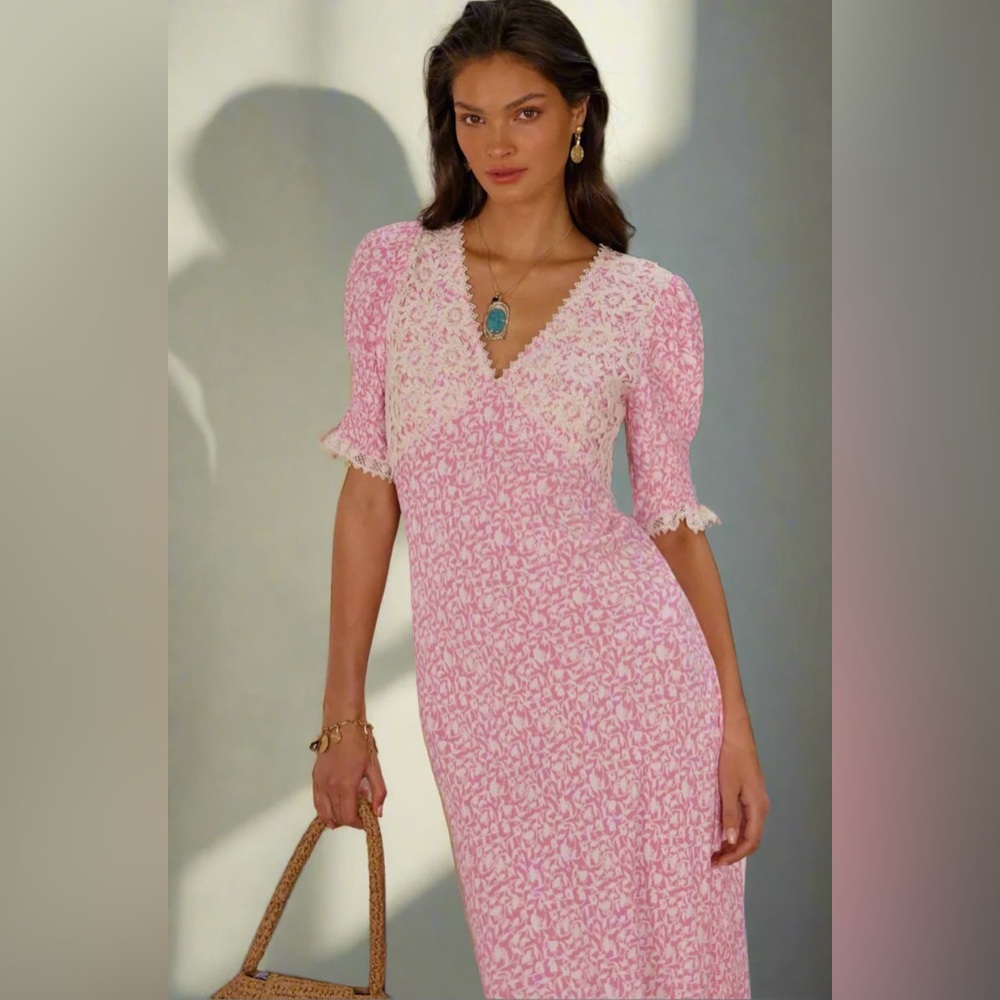 RIXO Olga Lace-Trim Midi Dress